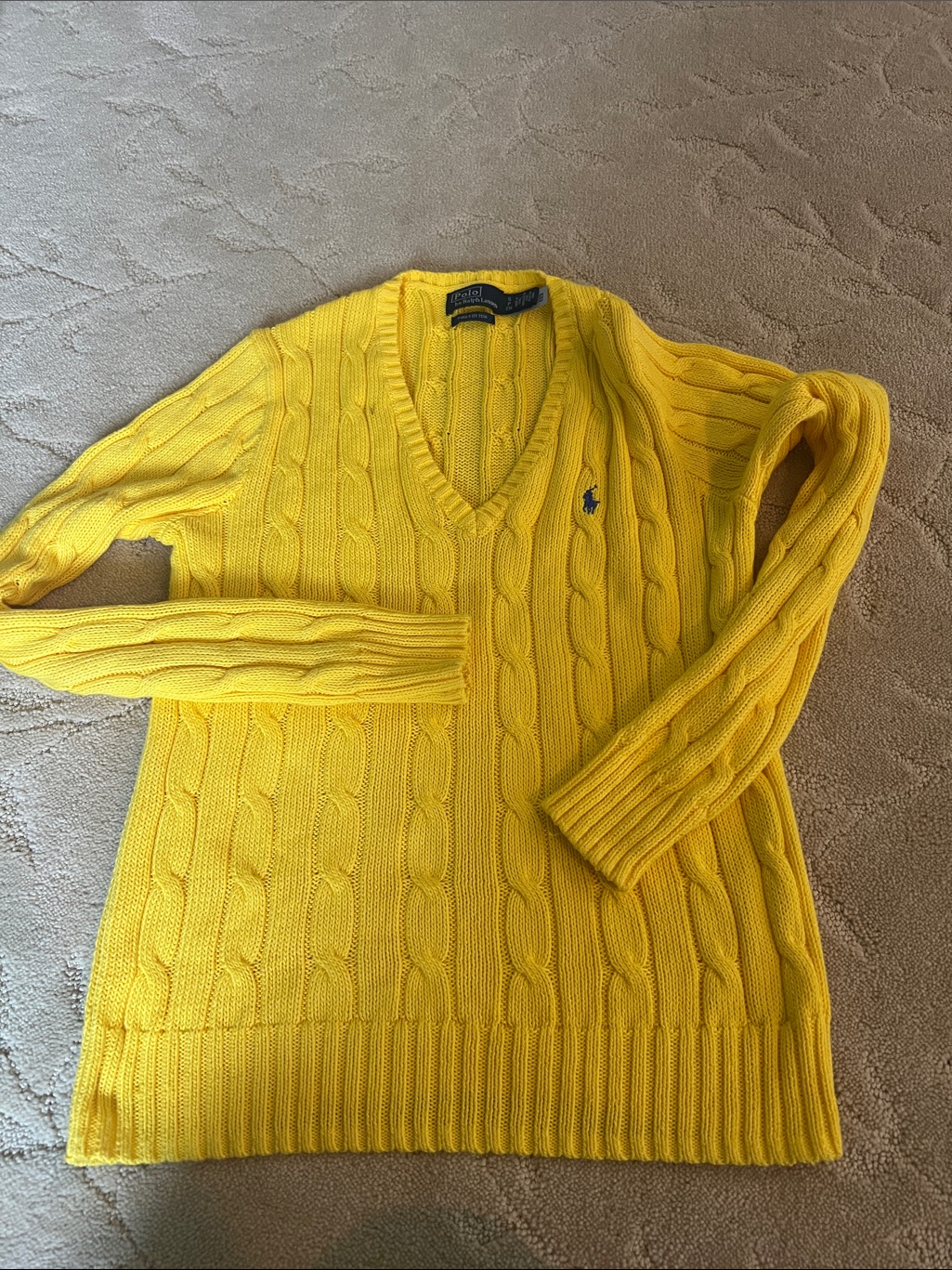 Ralph Lauren Bright Yellow Cable V-Neck Sweater Pima Cotton Small